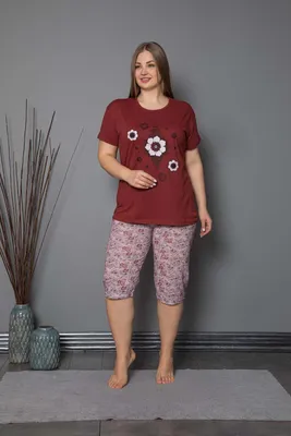 Produktbild von Damen Große Größen Pyjama Rot 2XL Kurz Baumwolle Schlafanzug 2-Teiler Set L-81
