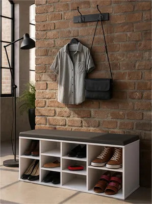 Produktbild von Schuhbank mit Sitzkissen und 10 Fächern Weiß Anthrazit Schuhregal Sitzbank Flur Garderobe