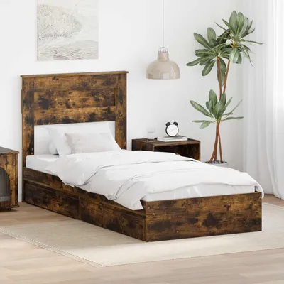 Image de Lit coffre exclusif, bois fumé chêne, dimensions 100 x 200 cm, fabriqué en bois composite