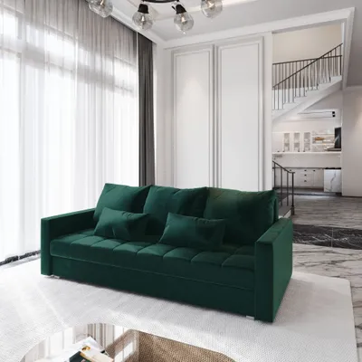 Produktbild von Sofa SIRO Grün Plüsch-Stoff mit Schlaffunktion, Sofa mit Bettkasten, Sofa mit Bettkasten, Wohnzimmersofa, Couch, Soffa, Bettsofa, Couchgarnitur- Grün, KRONOS 19