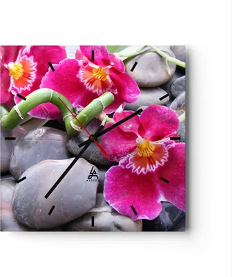 Produktbild von Wanduhr - Quadrat - Glasuhr - Asiatisch bambus orchidee steine - 40x40cm - Schleichendes Uhrwerk - Lautlos - zum Aufhängen bereit - Dekoration Modern - Wanddekoration aus Glas - C3AC40x40-0465