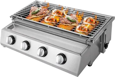 Produktbild von Tragbarer Gasgrill - Tischgrill mit 4 Brennern - Edelstahl - Höhenverstellbar - Rauchfrei - Hellgrau
