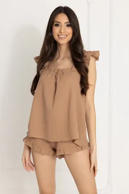 Produktbild von Dolce Sonno Damen Sommer Schlafanzug Hilda aus 100% Baumwoll-Musselin mit Trägern – Toffee Größe L