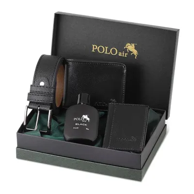 Produktbild von Polo Air Herren Geschenkset 4-teilig: Ledergürtel Geldbörse Kartenetui + Parfum 50ml schwarz Geschenkbox