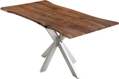 Produktbild von Esszimmertisch 140x80cm Lyon, echte Baumkante, Akazienholz nussbaumfarben, massiver Baumkantentisch mit Spider-Gestell Silber, Esstisch im Industrial-Design