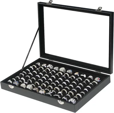 Productafbeelding van Coward zwarte fluwelen ringdoos organizer met 100 ring - Slots Glazen Display Stand met Doorzichtige Deksel