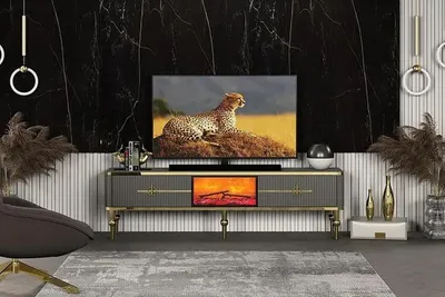 Produktbild von Wohnzimmer TV Lowboard Grau Kamin RTV Sideboard Metall + MDF Exklusiv
