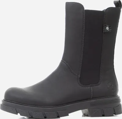A side view of a black Chelsea boot.