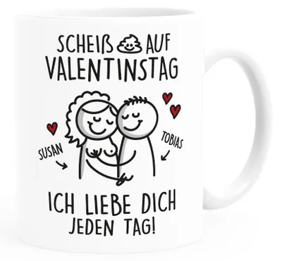 Produktbild von Kaffee-Tasse Liebe Scheiß auf Valentinstag Geschenk personalisiert mit Namen Strichmännchen Lustig Mann Frau SpecialMe® weiß standard