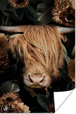 Produktbild von MuchoWow® Poster Scottish Hochlandrind - Pflanzen - Blumen 120x180 cm - Kunstposter
