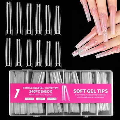 Imagen del producto de Puntas para uñas de gel suave, 240 unidades, 12 tamaños, sin curva "C", para aplicaciones de uñas