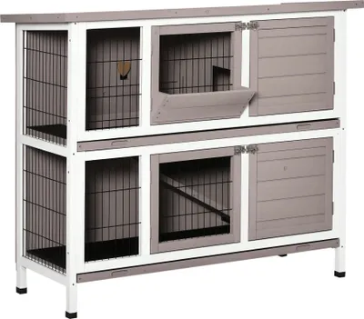 Image de PawHut Cage pour Lapin Clapier en bois massif 2 niveaux toit ouvert avec bacs coulissants 4 portes dim. 122 x 50 x 101cm gris blanc