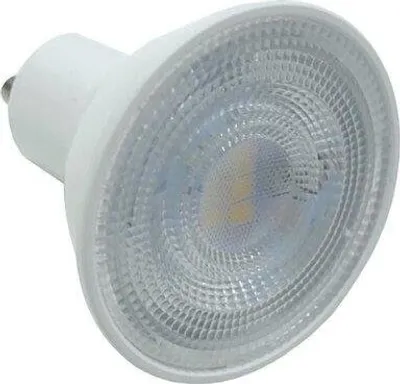 A close-up, studio shot of a white LED light bulb with a GU10 base.