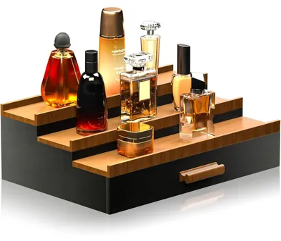 Zdjęcie produktu dla Organizator na perfumy męskie - 3-poziomowa półka na perfumy - wykonana z czarnego orzecha - stolik z szufladą - do przechowywania kolekcji perfum - idealny prezent dla mężczyzn