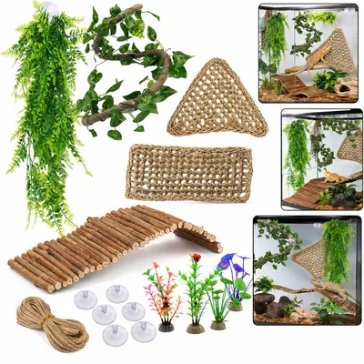 Produktbild von 10er Set Terrarium Hängematte aus natürlichem Seegras, Reptilien Kletterplattform mit Saugnapf, Bartagame Zubehör für Gecko Chamäleon & Schlangen