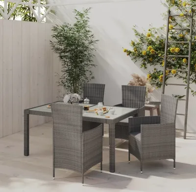 Image de The Living Store Ensemble de jardin 5 pièces avec coussins Poly Rattan Gris