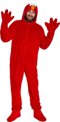 A person wearing an Elmo costume.