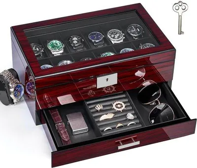 Productafbeelding van Horlogebox 12 sleuven - Houten - 2-laags - Horlogehouder - Organizer - Glazen deksel - 34 x 20,3 x 15,3 cm