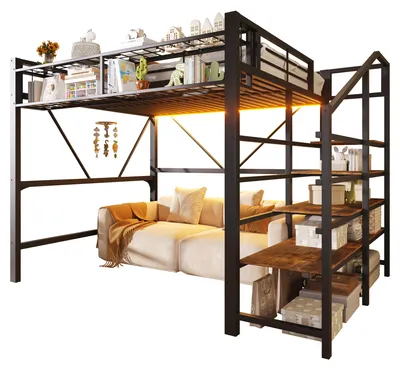 Produktbild von Hochbett mit LED-Streifen, Stauraum, Lattenrost, Rausfallschut und Regal, Treppe mit Regal, 140x200 cm, Kinderbett, Metallbett
