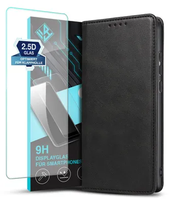 Produktbild von Handyhülle für Xiaomi Redmi Note 14 5G mit 9H Displayglas Kunstleder Flip Cover Hülle Klapphülle Case Kartenfach Farbe: Schwarz