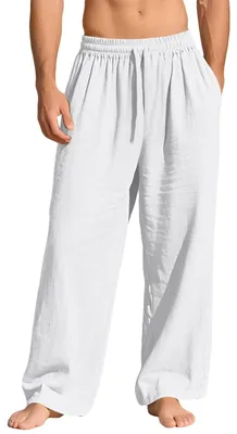 Produktbild von Weiße Leichte Leinen Sommerhose für Herren mit elastischem Bund und Kordelzug