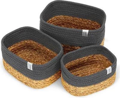 Produktbild von Unyqoos® 3er-Set Aufbewahrungskörbe aus Wasserhyazinthe und Baumwolle, geflochtener Badkorb für Badezimmeraufbewahrung, dunkelgrau