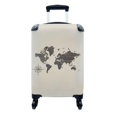 Produktbild von MuchoWow® Koffer Handgepäck Trolley Rollkoffer Kleine Reisekoffer mit 4 Rollen - Weltkarte - Holz - Kompass - Cabin Size < 55x40x23 cm & 55x40x20 cm - Fotokoffer - Kabinenkoffer - Boardgepäck - Reise-Box - Reisekoffer - Reisegepäck - Koffer mit Bild - Trolley für Kinder