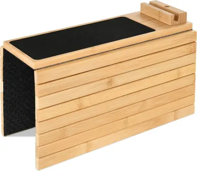 Produktbild von Bambus Sofatablett 45x33 cm mit drehbarer Handyhalterung und Anti-Rutsch Pad, ideale Ablage für Getränke & Snacks