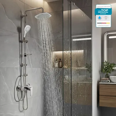 Produktbild von HANSGROHE Duscharmatur Vernis Blend, Duschsystem mit Einhebelmischer und BELVIT Regendusche oder Handbrause, Aufputz Wandmontage, Armatur in Chrom