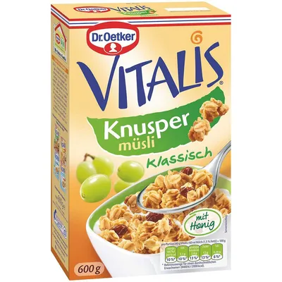 Produktbild von Dr Oetker Vitalis chrupiące musli z dojrzałymi w słońcu rodzynkami sułtańskimi 600g