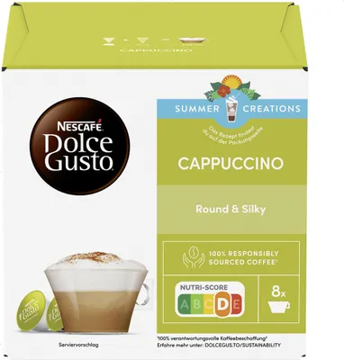A box of Nescafé Dolce Gusto Cappuccino coffee pods, with a depiction of a prepared cappuccino and the product packaging.