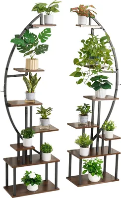 Two tiered plant stands with plants on each tier, against a white background.