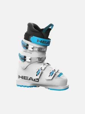 A white ski boot with blue accents and black lining, shown from the side against a white background.