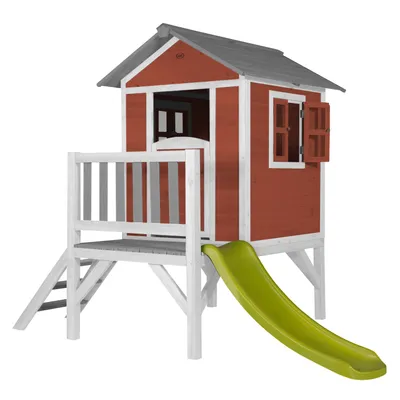 Produktbild von AXI Spielhaus Beach Lodge XL in Rot mit hellgrüner Rutsche | Stelzenhaus aus  Holz für Kinder | Kleiner Spielturm für den Garten