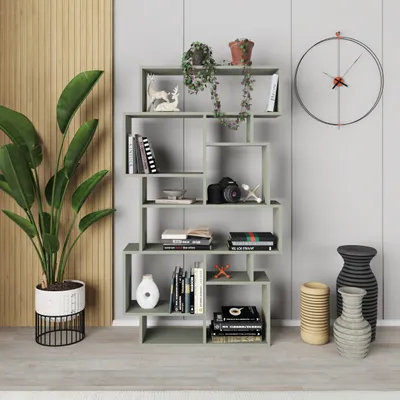 Produktbild von DECORTIE Karmato Modernes Bücherregal Display Unit Eschgrün 96 x 26 x 169 cm