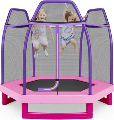 Produktbild von GOPLUS Ø223 cm Kindertrampolin mit Sicherheitsnetz, Freizeittrampolin mit Federauflage und Sprungmatte, Stabiler verzinkter Stahlrahmen, Rosa