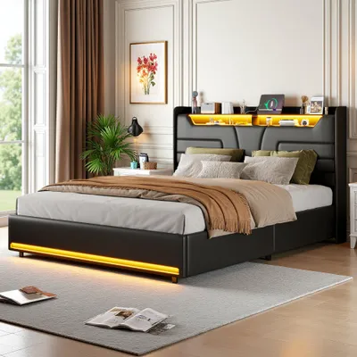 Obrázek produktu pro Hydraulická postel INONEFT, rozměry 160 × 200 cm, postel pro dospělé, čalouněná postel s LED osvětlením a USB porty, dvoulůžko s úložným prostorem a rošt, materiál: PU, barva: černá
