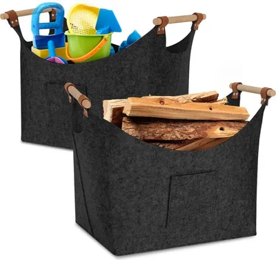 Produktbild von Jayseuw 2x Filzkorb mit Holzgriffen, Holzkorb für Kaminholz, Brennholzkorb aus Filz 3mm, Dunkelgrau