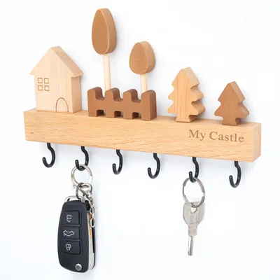 Produktbild von Schlüsselbrett aus Holz mit 6 Haken, zum Bohren oder Kleben, für Flur, Schlafzimmer oder Küche