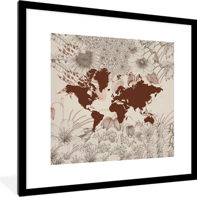 Produktbild von MuchoWow® MuchoWow® Gerahmtes Poster Weltkarte - Blumen - Rot 40x40 cm - Poster mit zchwarzem Bilderrahmen - Poster - Plakat im Rahmen