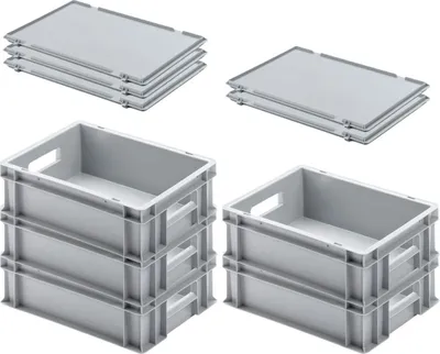 Produktbild von SuperSparSet 5x Eurobehälter mit offenem Griff und Scharnierdeckel | HxBxT 12x30x40cm | 11 Liter | Grau | Eurobox, Transportbox, Transportbehälter, Stapelbehälter