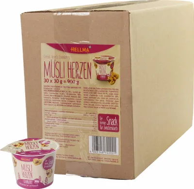 Obrázok produktu pre Hellma müsli srdiečka brusnice, snack, pre stravovanie, hotel, kanceláriu, jedáleň, 30 šálok po 30 g, 70102202