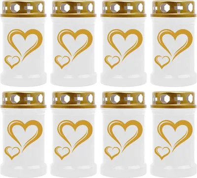 Produktbild von Grabkerze Weiß 8er Pack ( Druck Gold ), 40 Stunden/Kerze, Motiv: Herz