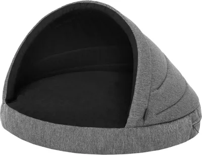 A gray dog bed with a hooded opening, shown from the front-left.