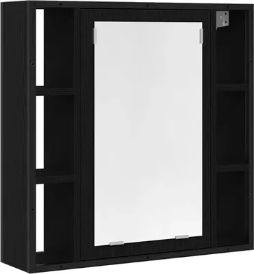A black wooden cabinet with a mirrored door and open shelves on the sides.