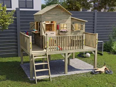 Produktbild von Spielhaus Butterfly XL KDI mit Podest, Verkaufsfenster, Blumenkästen, Fingerklemmschutz und Pultdach