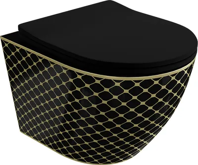 A black wall-mounted toilet with a gold geometric pattern.