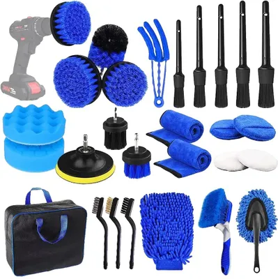Image de Kit de nettoyage pour voiture, 26 outils, brosses et éponges polyvalentes, bleu
