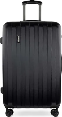 A black hard case trolley with a retractable handle and wheels.