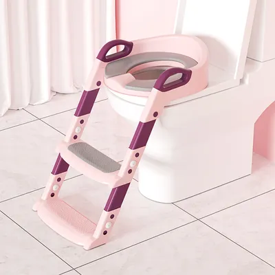 Produktbild von Yakimz Toilettentrainer & Lerntöpfchen für Kinder, rosa, rutschfest, mit Treppe, faltbar & anpassbar. Passend für V-, O-, U-förmige, quadratische & Smart Toiletten. Material: PP, TPR, Schwamm, PVC. Maße: H 54cm, B 35cm. Max. 75 kg.